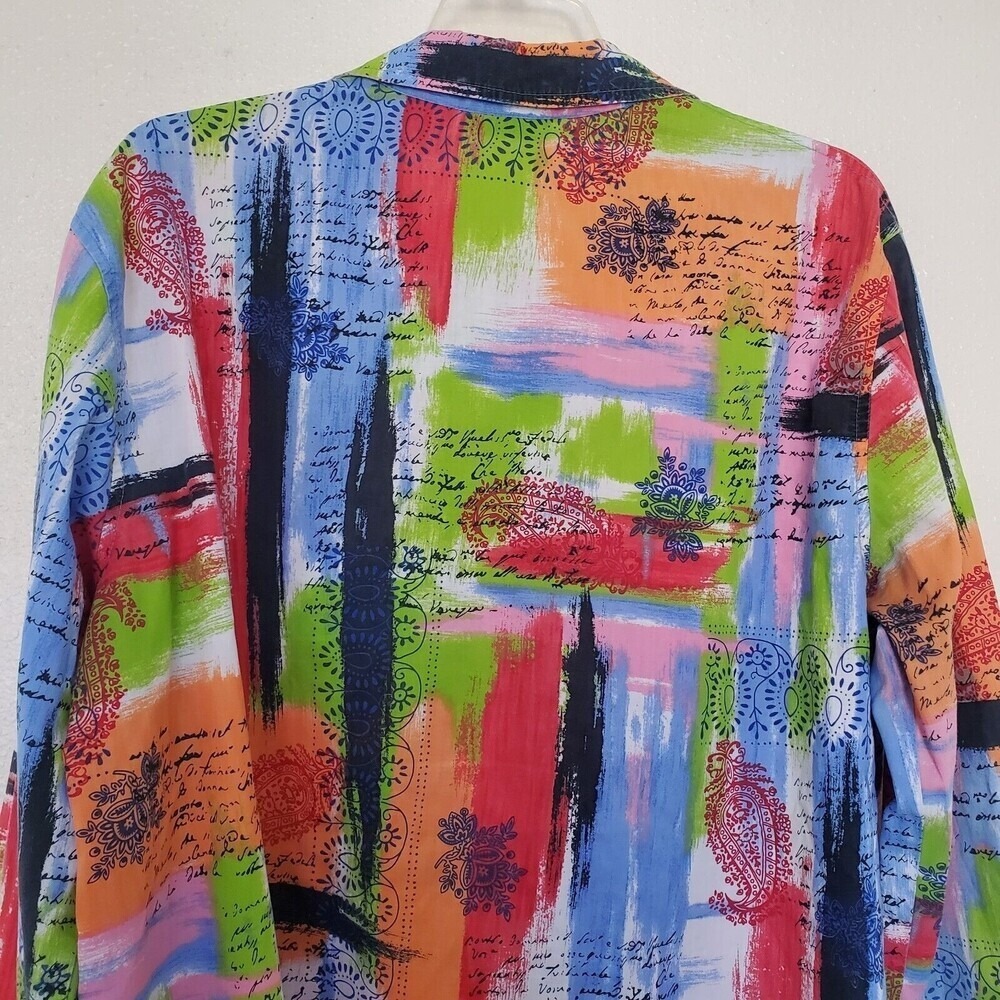 TravelSmith Womens XL Abstract Paisley Script Print Button Up Shirt Multi-Color - Picture 7 of 14